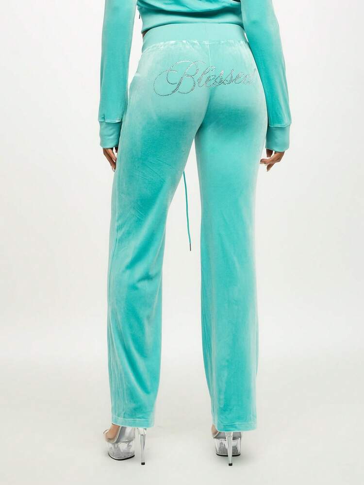SUMWON WOMEN Türkise Jogginghose aus Velours mit Kristalldetail