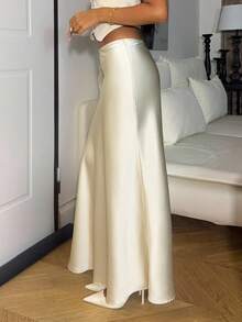 Elegant Versatile Satin Skirt For Women, Girly Style Maxi Women Skirt - Beige - View 3