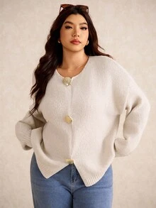 Elaquor 大码简约休闲纯色金属纽扣装饰针织开衫，秋冬 - 杏色 - 查看 7