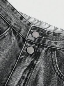 SHEIN Girlism 少女翻边腰口袋宽腿宽松休闲牛仔裤 - 灰色 - 查看 3