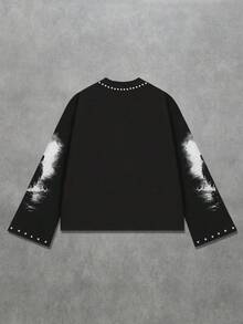 ROMWE MEN Street Life 男士圆领闪亮钻石鸽子印花长袖T恤，2000年代风格 - 黑色 - 查看 3