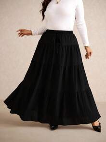 Elaquor Saia Casual Evasê com Cintura Elástica e Babado na Barra para Mulheres Plus Size, Conjunto Casual Feminino, Saia Casual, Roupas de Inverno para Mulheres - Preto - Visão 7