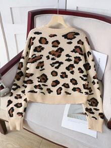 SHEIN Teenage Girl Leopard Print Round Neck Drop Shoulder Long Sleeve Casual Loose Sweater, Autumn Animal Print Sweater Teen Sweater Knit Sweater Tween Sweater Leopard Print Sweater Fall Winter Tween Jumper Cute Sweater Sweater For Tweens - Khaki - View 2