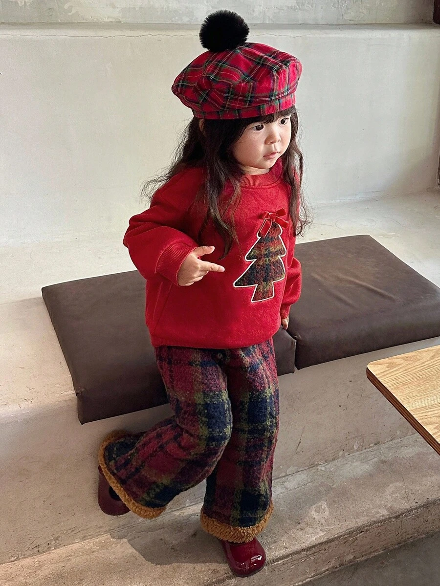 DAZY 2件套女婴圆领圣诞风韩版长袖抓绒卫衣格子套装,冬季圣诞节幼儿女童服装 - 紅色 - 查看 1