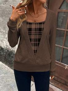 EMERY ROSE Women's Casual Plaid Patchwork Sweatshirt, Autumn,Fall - Coffee Brown - View 4