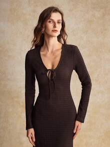 House of One Textured Knit Plunging Knot-Front Midi Dress Women Autumn Elegant Casual Wear