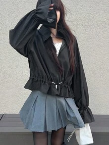 FRIFUL Women's Regular Collar Loose Flare Sleeve Short Hem Ruffle Patchwork Solid Color Casual Jacket, Gothic Style Fall/Winter - Grey - View 2