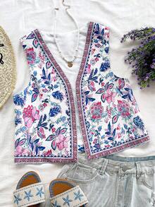 Soleia 女士彩色印花 V 领短款上衣，假日度假