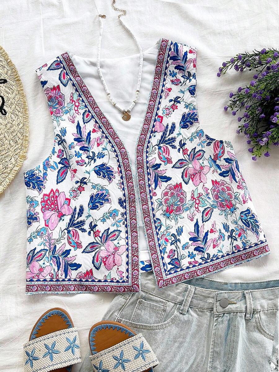 Soleia 女士彩色印花 V 领短款上衣，假日度假