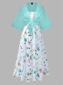 Franclia Plus Size Women's Fashion Floral Chiffon Dress With Elegant Lightweight Summer Jacket 2pcs Set - Mint Blue - View 8