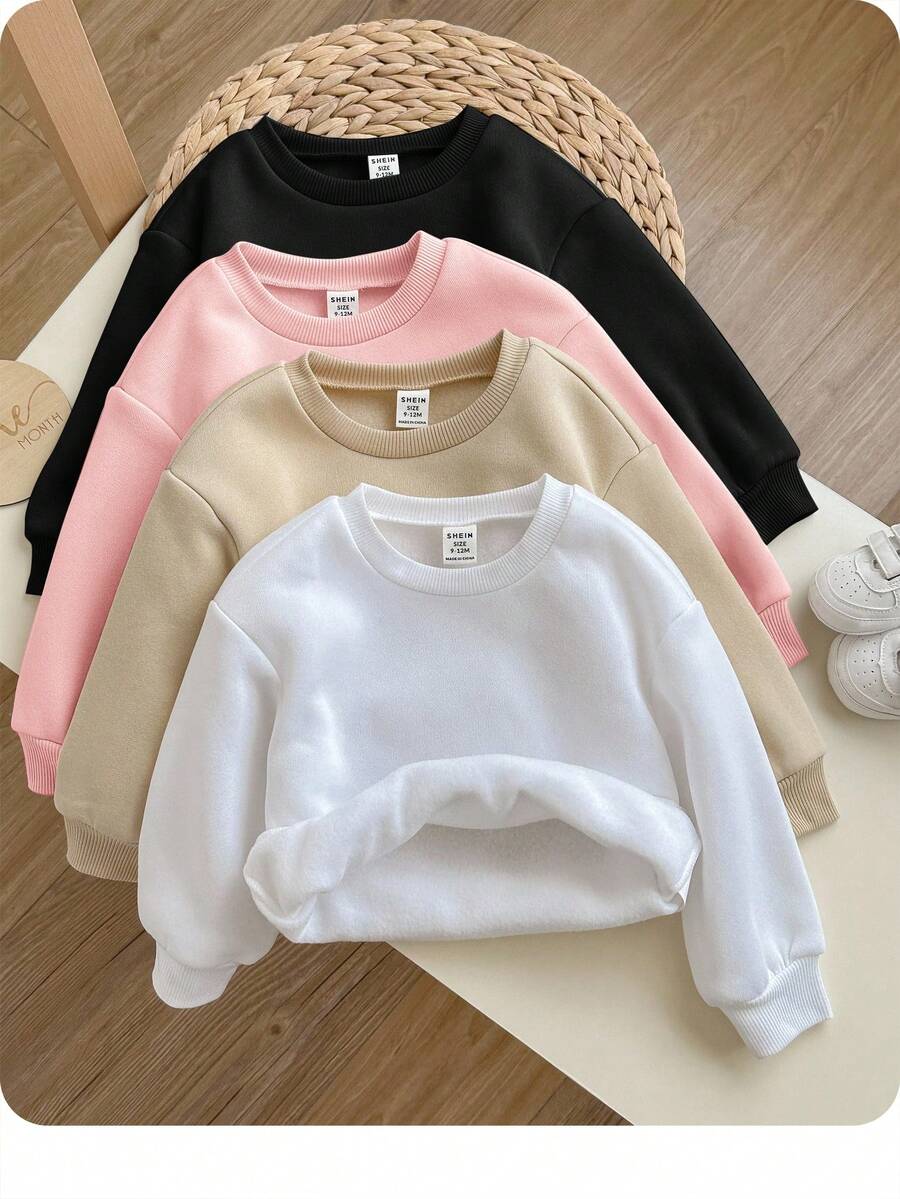 SHEIN 4件套女婴可爱纯色保暖长袖卫衣，秋冬 - 彩色 - 查看 1