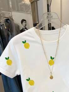Resyla Women's Casual Lemon Embroidery Short Sleeve T-Shirt, Summer