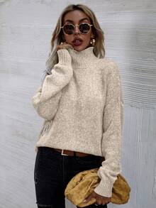 EMERY ROSE Áo len chui đầu dài tay cổ lọ tối giản màu trơn dành cho nữ - Màu be - Xem 4