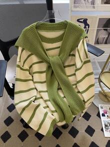 INAWLY 女式条纹常规宽松长袖圆领毛衣，秋季 - 綠色 - 查看 1