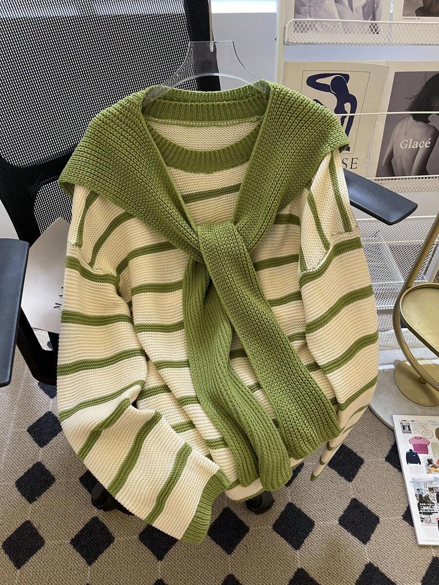 INAWLY 女式条纹常规宽松长袖圆领毛衣，秋季 - 綠色 - 查看 1