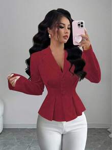 Elenzga New Women's Lapel Long Sleeve Jacquard Woven Open Front Waist Ruched Waist Design Casual Vacation Daily Versatile Commute Elegant Lady Blazer - Burgundy - View 1