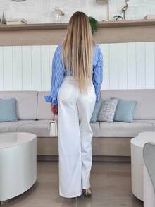 Cioccolato Striped Print Front Button Elegant Commuter Long Sleeve Bodysuit - Blue and White - View 2
