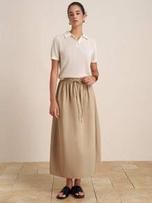 Airaco Women's Solid Color Elastic Waist Drawstring Skirt - Khaki - View 2