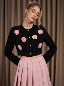 2pcs Women's Set: Black Jacket Paired With Pink Pleated Skirt, Adorned With 3D Pink Floral Decor, Elegant & Romantic Daily Wear