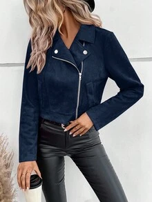 SHEIN 女式纯色长袖拉链休闲摩托车夹克，秋季 - 藏蓝色 - 查看 3