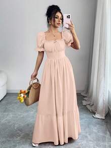 Rafferiza Đầm suông hở lưng, tay bồng, cổ vuông, buộc trước, hở eo cho nữ - trái cam - Xem 7