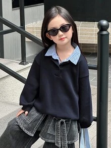 DAZY Sweatshirt Lengan Panjang Gaya Korea Warna Kontras untuk Anak Perempuan, Musim Gugur/Dingin - Navy Blue - View 8