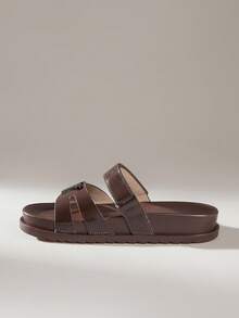 Solecia 2025 Summer New Arrival Women's Fashion H-Shape Black Rivet Platform Hook And Loop Soft Bottom Sandals, Closure, Versatile Non-Slip Open Toe Flat Sandals - Brown - View 3