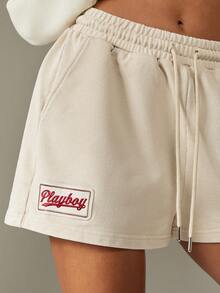 Missguided x Playboy Cream Jogger Shorts With Logo And Number Print Casual Summer Lounge - Khaki - View 6