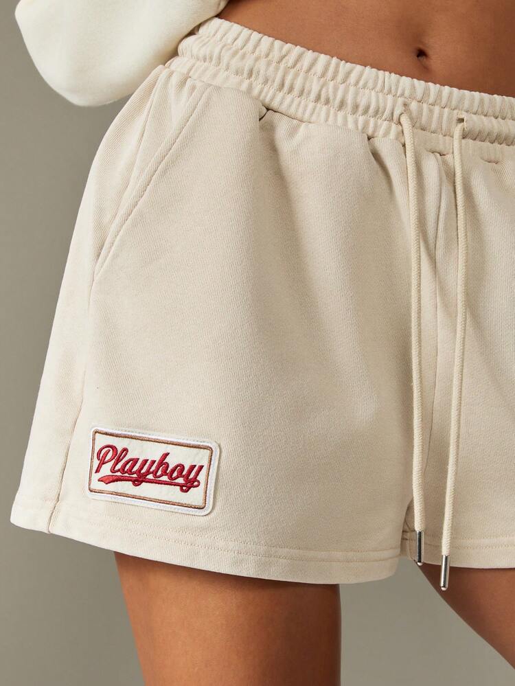 Missguided x Playboy Cream Jogger Shorts With Logo And Number Print Casual Summer Lounge