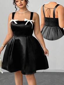 Elenzga Vestido de satén tejido con decoración de lazo para mujer de talla grande, estilo gótico femenino oscuro y preparatorio - Negro - Ver 9