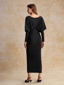 House of One Vestido largo de satén negro sólido con mangas de murciélago, corte frontal y lazo para mujer, elegante para fiestas en otoño