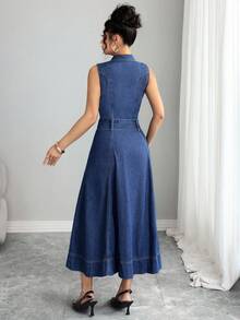 Elenzga Women's Denim Dress With Button Waistband And Slant Pockets - Dark Wash - View 2