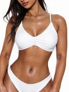 Swim Basics Summer Beach Plain Ruched Criss Cross Back Bikini Top - White - View 5