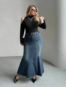 Auralis 大尺碼牛仔高彈力長裙 - 淺色水洗藍 - 查看 5