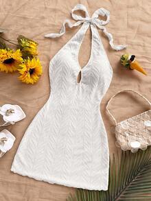 Soleia 优雅露背蝴蝶结系带纹理针织迷你连衣裙，适合休闲、海滩、婚礼宾客、毕业典礼、早午餐、圣帕特里克节、春假、复活节、音乐节