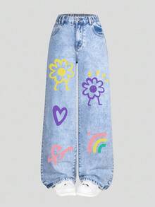 Tween Girls Y2K Style Jeans, Autumn/Winter New Arrival, Vintage Wash Effect, Casual Versatile All-Match, Minimalist Fashion, Loose Fit, Cute Print, Straight Leg, Everyday Wear, Girls Denim Pants For School, Social, Commute, Multi-Occasion Printed Jeans