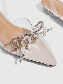 CUCCOO SZL Giày bệt mũi nhọn gót thấp cho nữ, quai PVC trong suốt màu be với nơ đính đá giả ngọc trai, giày bệt hở gót gợi cảm và thanh lịch cho mùa Giáng sinh. - Màu be - Xem 6