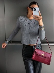 SHEIN Frenchy 秋冬新款奢华亮片开衫夹克，灰色 - 灰色 - 查看 5