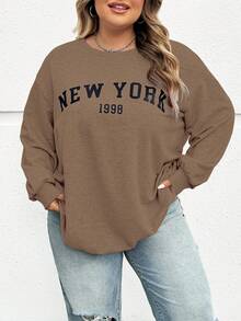 SHEIN CURVE+ 秋冬大码休闲宽松纽约图案圆领长袖女式运动衫 - 棕色 - 查看 10