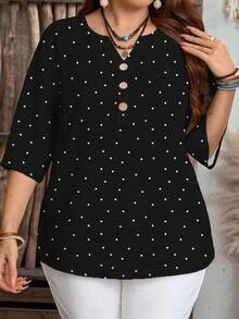 EMERY ROSE Classic Retro Black & White Polka Dot Print Casual Minimalist Plus Size Blouse, Suitable For Autumn Chic Blouse, Fall - Multicolor - View 1