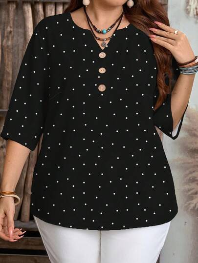 EMERY ROSE Cămașă clasică retro cu imprimeu alb-negru și buline, casual minimalistă, mărime mare, potrivită pentru toamnă