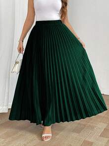 SHEIN Tall Elegant, avslappnad semesterkjol för kvinnor med lös plissering och resår i midjan, svart, plus size - Mörk Grön - Visa 5