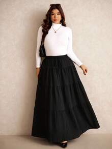 Elaquor Saia Casual Evasê com Cintura Elástica e Babado na Barra para Mulheres Plus Size, Conjunto Casual Feminino, Saia Casual, Roupas de Inverno para Mulheres - Preto - Visão 6