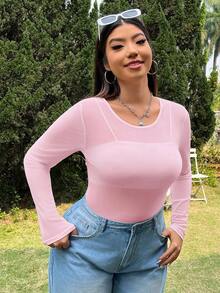 CovetEZ Plus Size Women's Solid Color See-Through Crew Neck Long Sleeve Top - Pink - View 5
