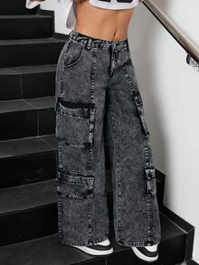 SHEIN 千禧年少女宽松灰色牛仔工装裤，冬季休闲时尚度假风，街头潮流，2000年代风格秋季装扮 - 灰色 - 查看 5