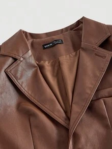 SHEIN MOD Chaqueta casual de mujer de un solo pecho con cuello de solapa, manga larga y unicolor de piel sintética (PU), blazer marrón para mujer, blazers de mujer, casual, cómodo, para ir y venir, estética de dinero antiguo, ideal para atuendo escolar y ropa de oficina, de vuelta a la escuela, otoño, ropa de trabajo para mujer