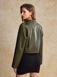 House of One Belted Cropped PU Jacket Women Autumn Winter Casual Wear