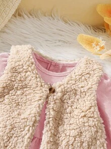 SHEIN 2件組女嬰鄉村風毛茸茸背心外套+粉色燈芯絨泡泡袖洋裝，可愛甜美生日套裝，秋季保暖優雅設計 - 粉色 - 查看 6