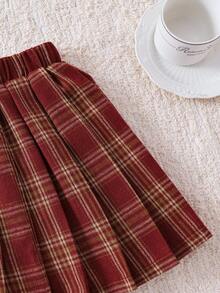 SHEIN 女童蝴蝶结提花针织套头衫，复古宽松柔软针织毛衣，红色格子百褶裙，适合万圣节、圣诞节、返校季