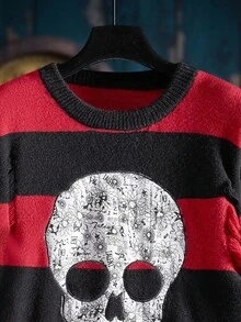 Manfinity LEGND Men's Casual Striped Skull Pattern Crew Neck Long Sleeve Sweater, Autumn - Multicolor - View 3